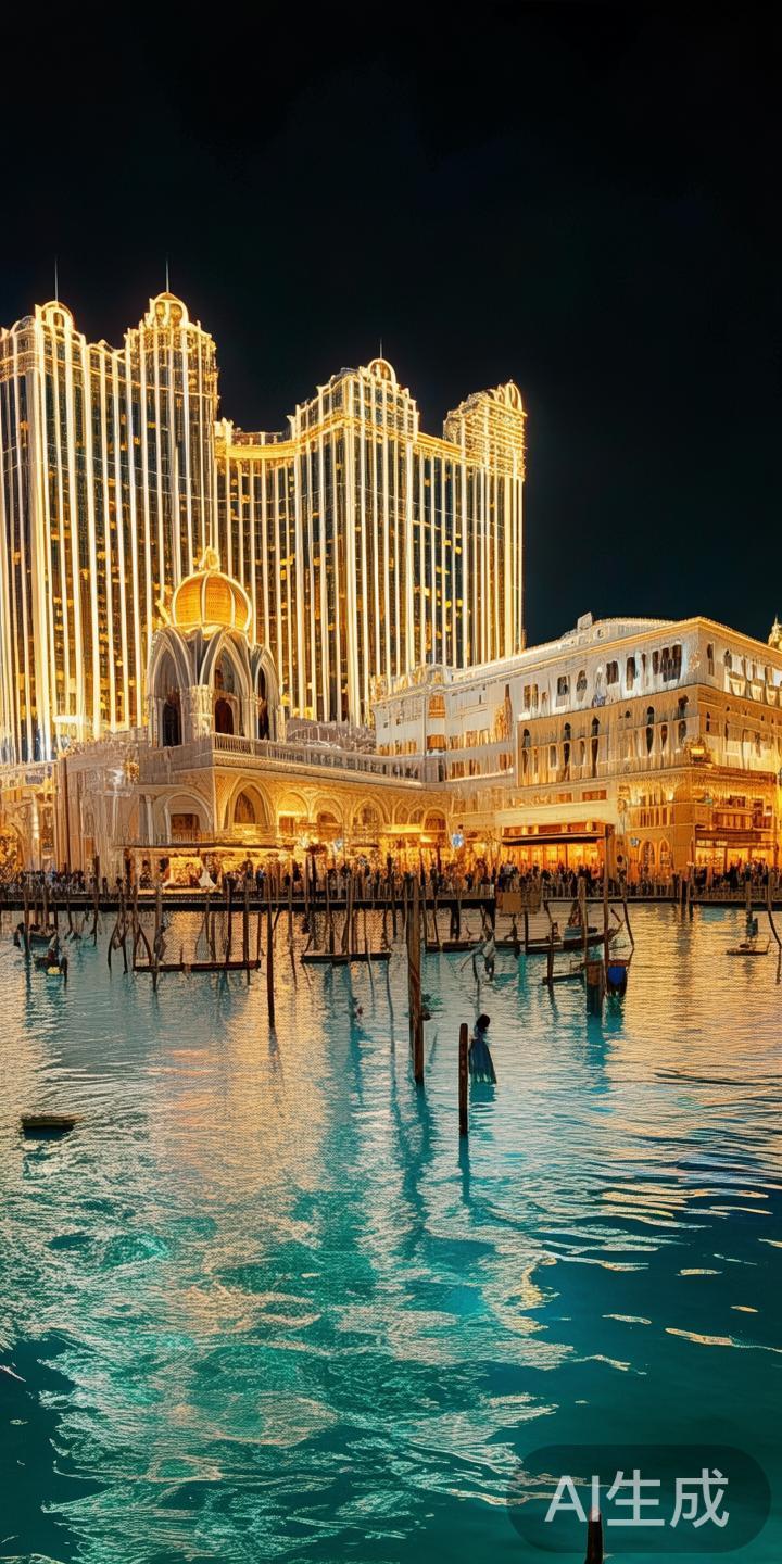 在澳门的璀璨夜色中，一座融合豪华建筑与水上环境的独